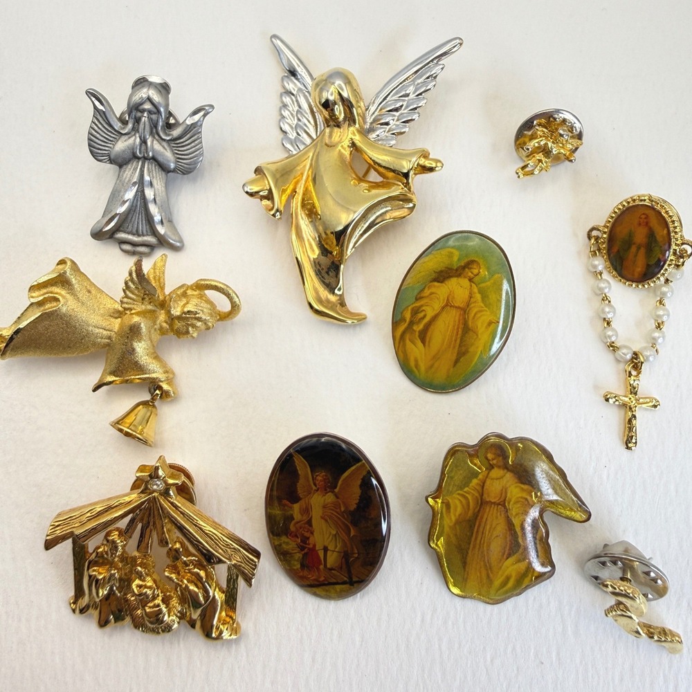 Vintage Religious Angel Pin Lot Gold Silver Tone Nativity Crucifix 10pc Assorted